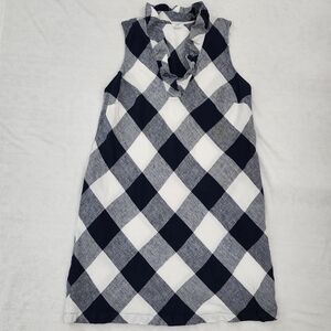 CROWN & IVY Sleeveless Linen Shift Dress Ruffle Neck Navy Blue White Check 1X
